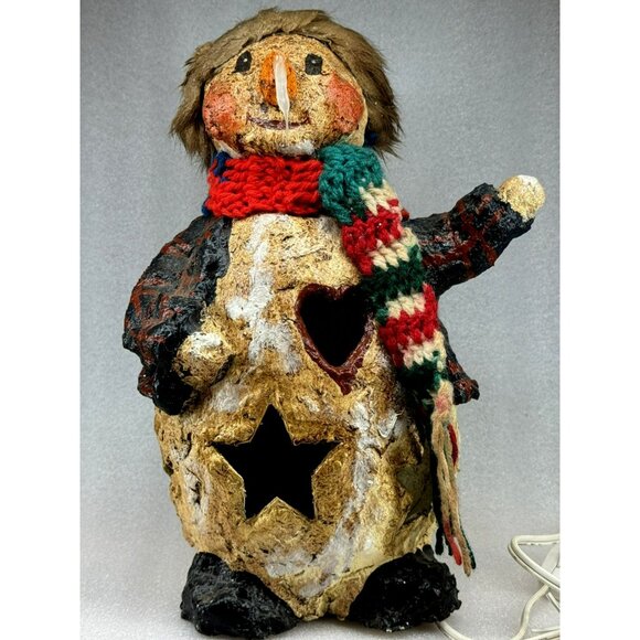 Vtg Paper Mache Folk Art Snowman Plug-In Lamp Rustic Winter Decor Handcrafted - Picture 1 of 10